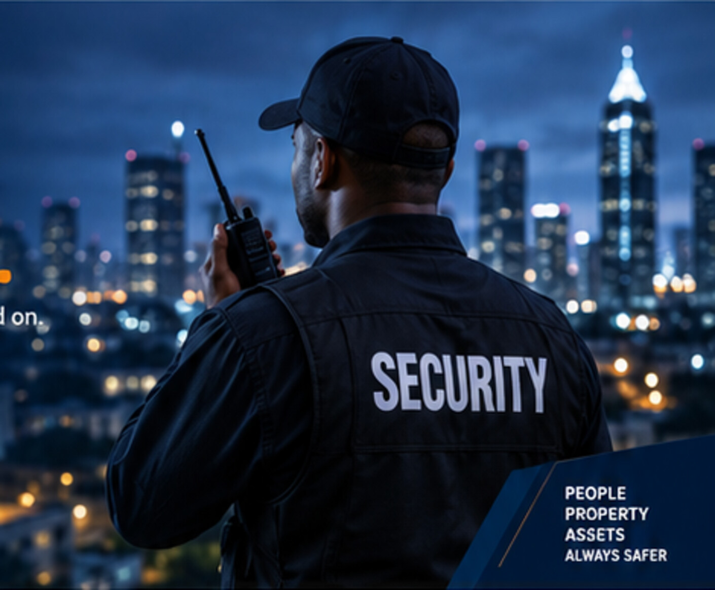 Professional private security guard overlooking a city